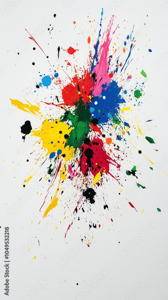 Poster vivid paint splashes on a white canvas create a lively and dynamic abstract composition full of colo
