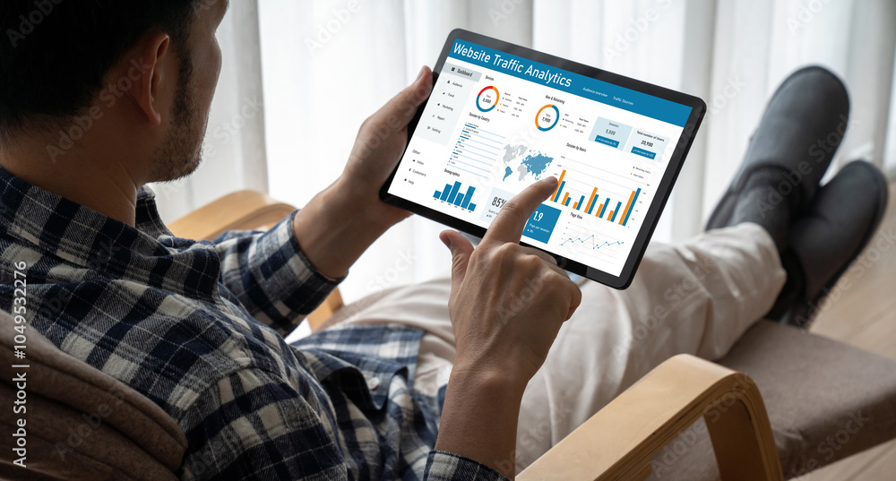 Poster computer software for website traffic analytics data on computer screen. concept of seo search engin