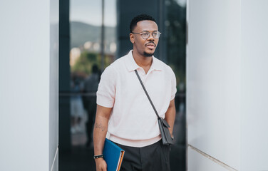 Fototapeta premium A confident businessman is walking outdoors, holding documents and appearing focused. Perfect for themes of professionalism, success, and business environments.