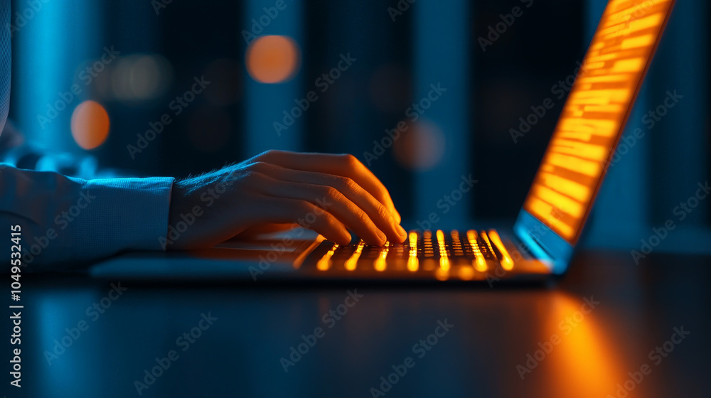 Poster late night coding: a close-up of hands typing on a laptop keyboard, bathed in the warm glow of the s