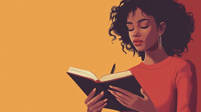 Woman reading a book with a thoughtful expression against a vibrant orange background.