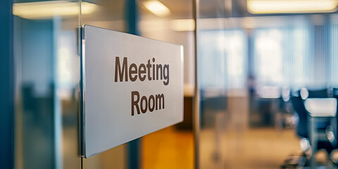 The text "Meeting Room" on a white glass wall in a modern office, with a blurred background, generative AI
