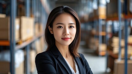 Fototapeta premium Confident Businesswoman in Warehouse Setting, Representing Leadership and Professionalism