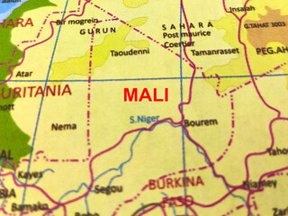 Close-up photo of the country MALI with its surrounding major cities on a world map