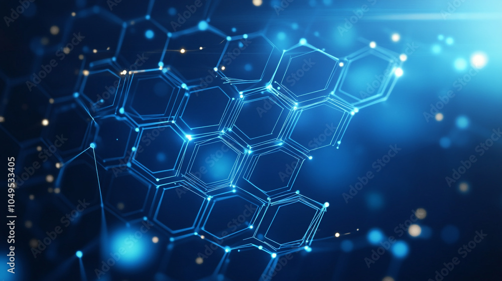 Poster abstract representation of a molecular structure with glowing hexagons and connections at night