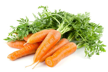 Carrots isolated on white background, Isolated white background carrot vegetable with leaves, fresh carrots with green leaves isolated on a white background, in the style of photo.