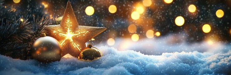 Naklejka premium Festive Christmas background with golden star and baubles nestled in snowdrifts, illuminated by golden lights. Holiday sparkle. Banner.