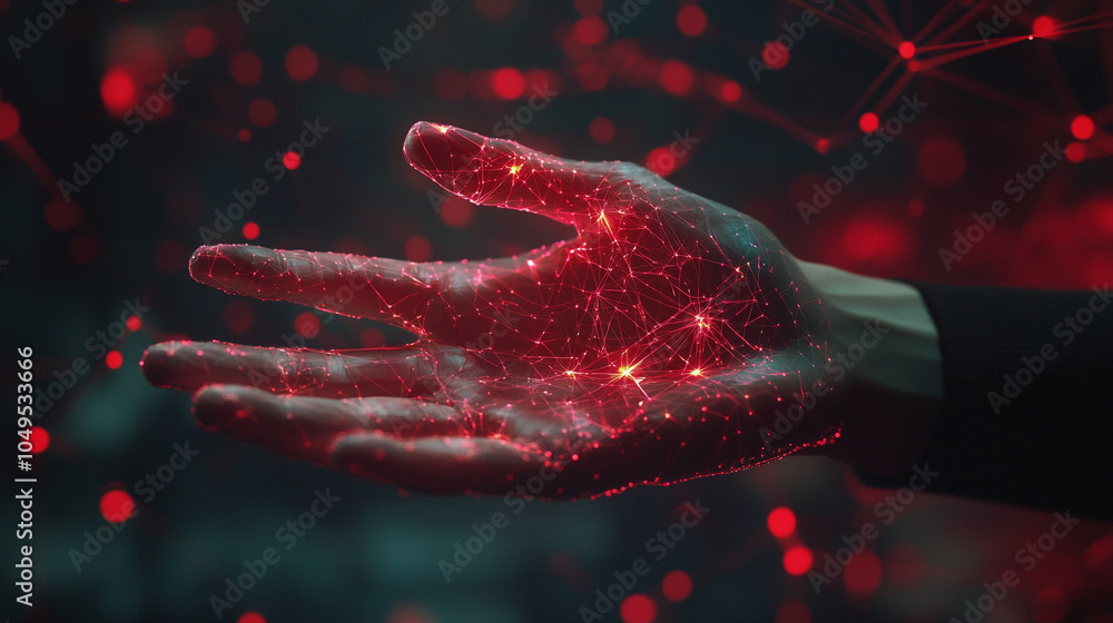 Poster a digital hand display with glowing red connections illustrating technology and virtual interaction