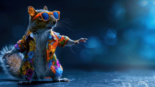 Trendy squirrel in sunglasses dancing on dark blue background, AI generated image
