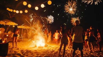 Fototapeta premium Friends enjoy a vibrant beach party at night, dancing around a bonfire with fireworks dazzling above, creating a festive atmosphere. Generative AI