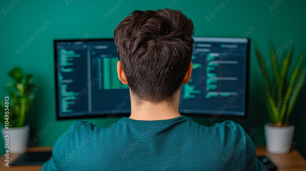 Poster programmer at work: a man sits at his desk, focused on his work in front of two computer monitors. h