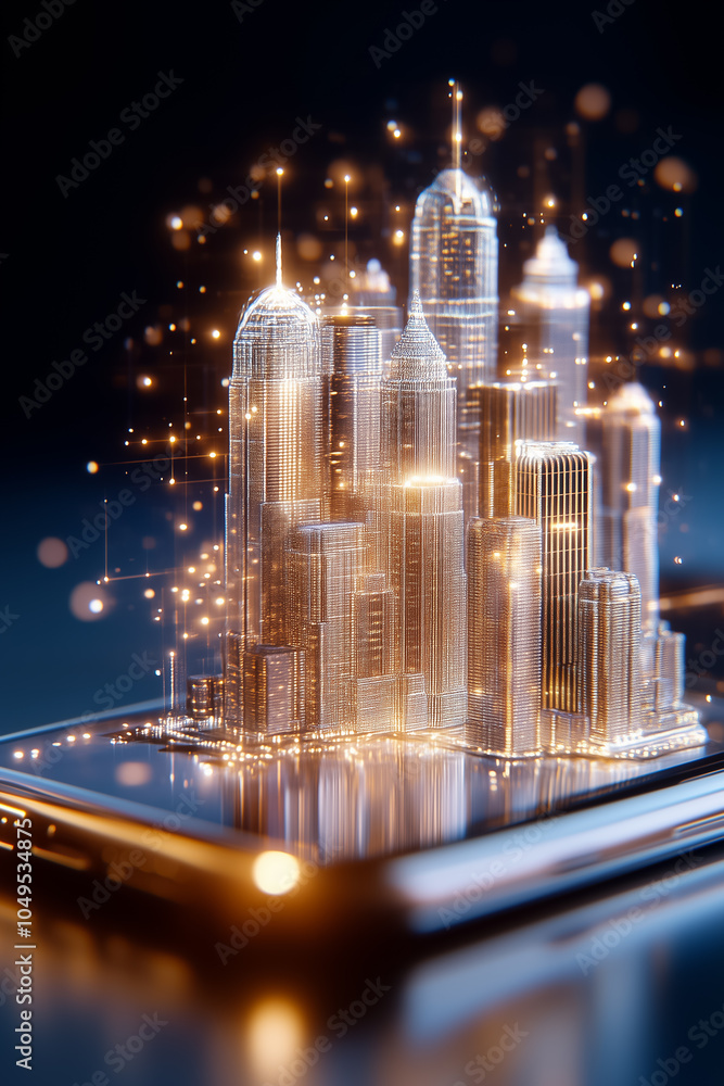 Poster a smartphone displays a glowing hologram of a futuristic city skyline with interconnected structures