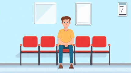 Fototapeta premium A young man sitting alone on a red bench in a waiting area, looking pensive against a light blue background.