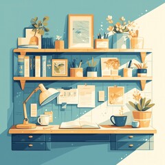 Illustration of a Desk with a Shelf and Plants