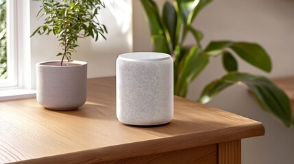 Obraz premium Innovative smart speaker enhancing home ambiance with modern design and eco-friendly features in a contemporary living space