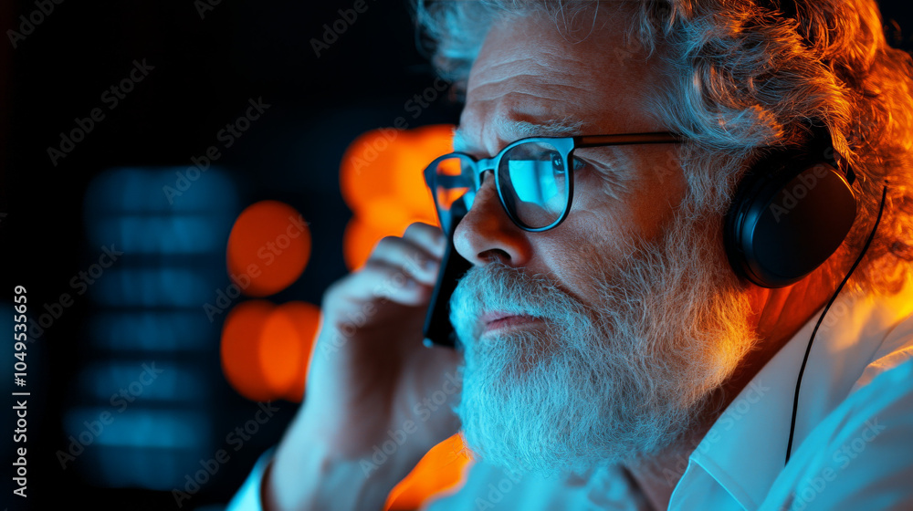 Poster night owl coder: senior developer working late, illuminated by screen glow, focused expression, wear