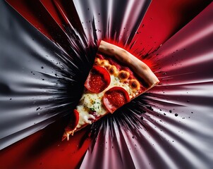 A delicious pepperoni pizza slice dramatically popping against a vibrant red background with burst...