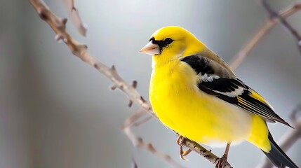 Fototapeta premium The beauty of nature captured in a bright yellow goldfinch resting on a thin twig with its wings folded displaying intricate black markings radiating a sense of tranquility and grace