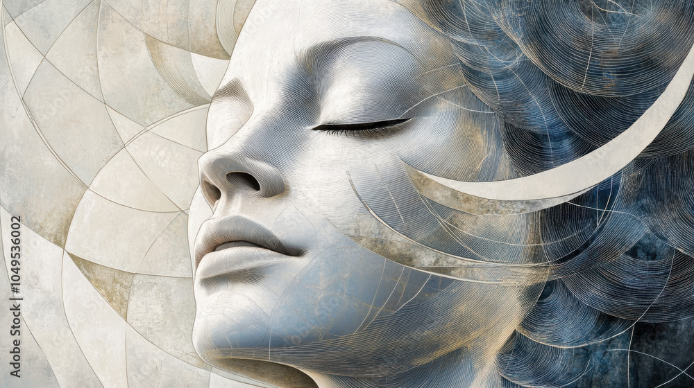 Poster a serene portrait of a woman with closed eyes, surrounded by intricate patterns and textures, evokin