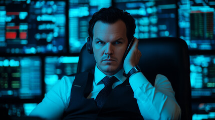 The Wall Street Strategist: A composed, confident businessman sits at his desk, headset on and eyes focused on the data streams of the financial markets.