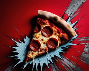 A delicious pepperoni pizza slice dramatically popping against a vibrant red background with burst...