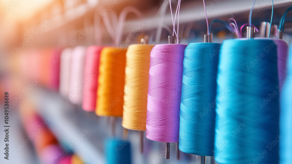 Poster brightly colored threads are neatly organized in a textile workshop, showcasing the art of fabric cr