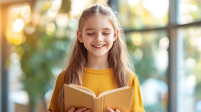 Joyful young reader embraces the magic of books in a bright cheerful environment with a warm smile