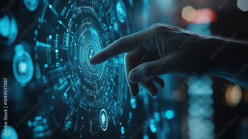 Poster a person interacting with a futuristic holographic display in a dimly lit tech environment