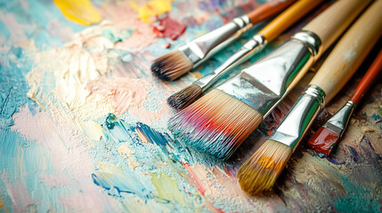 Fototapeta premium A variety of artist brushes are arranged on an expressive palette, showcasing their vibrant colors and textures