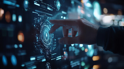 A person interacting with a high-tech holographic display in a futuristic environment at night