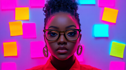 Confident Woman in Neon: A striking portrait of a young Black woman with glasses, exuding confidence against a vibrant backdrop of neon sticky notes.