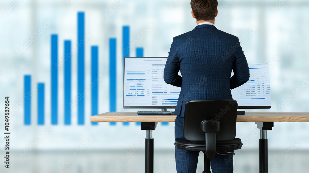 Poster the data analyst: a businessman, in a suit, sits at his desk in front of a computer screen, studying