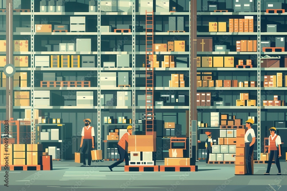 Leinwandbilder workers are actively transporting boxes and pallets in a bustling warehouse filled with neatly arran