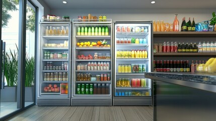 A clean, open refrigerator showcasing a variety of fresh foods, from vegetables to dairy and drinks, organized on spacious shelves, all under bright lighting.