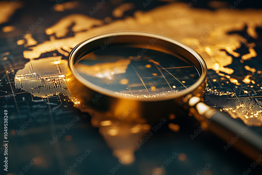 Poster a magnifying glass focuses on a world map, emphasizing geographic details and information in a creat