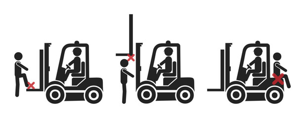 Isolated pictogram sign of safety industrial sign of do not ride on back and front of a forklift, forklift injury safety label