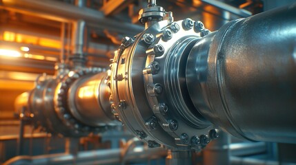 A close-up of a metal gas pipeline valve, with intricate details of the mechanism visible, set in an industrial zone with pipes and machinery surrounding it.