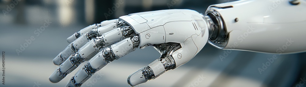 Poster a close-up of a robotic hand, showcasing intricate mechanical components and a sleek design, symboli