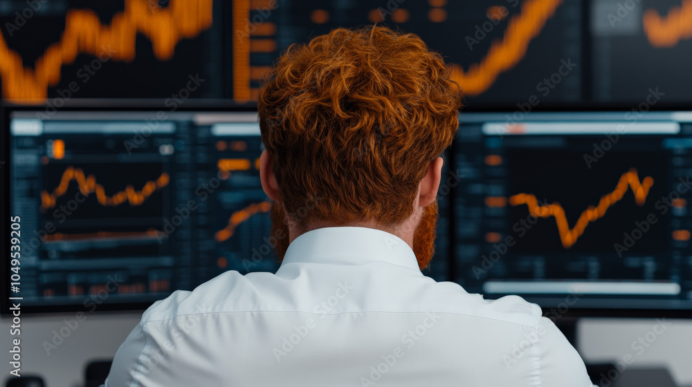 Poster red-haired trader: a close-up shot of a red-haired trader, his back to the camera, intently focused 
