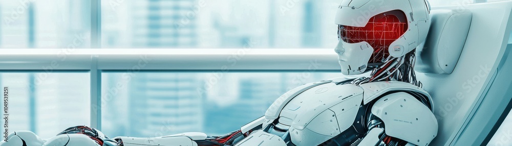 Poster a robotic figure with a sleek design is resting in a futuristic setting, showcasing advanced technol
