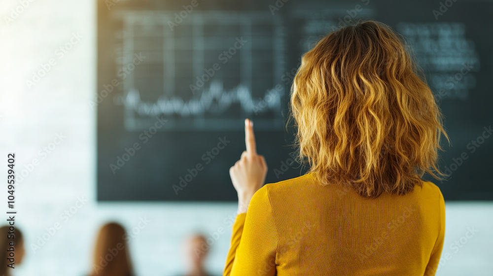 Poster presenting data: a businesswoman, seen from behind, points to a large chalkboard displaying a compel