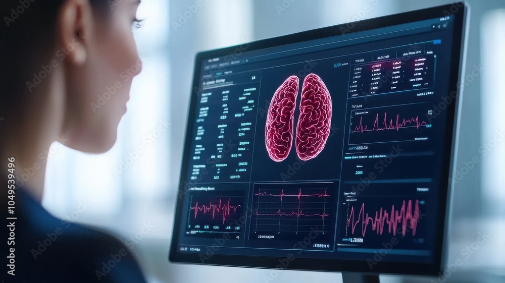 Poster a woman examines brain scans and data on a computer screen, focusing on neurological analysis and me