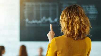 Presenting Data: A businesswoman, seen from behind, points to a large chalkboard displaying a compelling graph.  The image conveys focus, expertise, and the power of visual communication. 