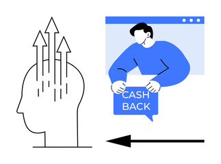 Left shows a human head with upward arrows signifying financial growth. Right shows a person holding a Cash Back sign. Ideal for finance, investment, savings, personal growth, cash rewards