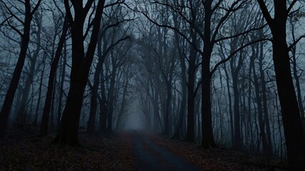 A dark forest path at night, lined with leafless trees and shrouded in dense fog, leading toward a barely visible, haunted figure 