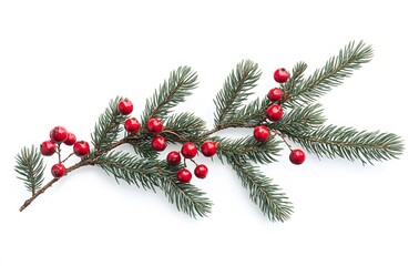 Fir tree branch with red berries isolated on a white background