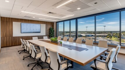 A corporate conference room with neatly aligned chairs around a sleek table, ready for a meeting, with organized materials placed in front of each chair.