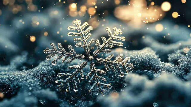 A close-up of a delicate snowflake resting on a textured surface, surrounded by soft, shimmering lights that evoke a magical winter atmosphere.