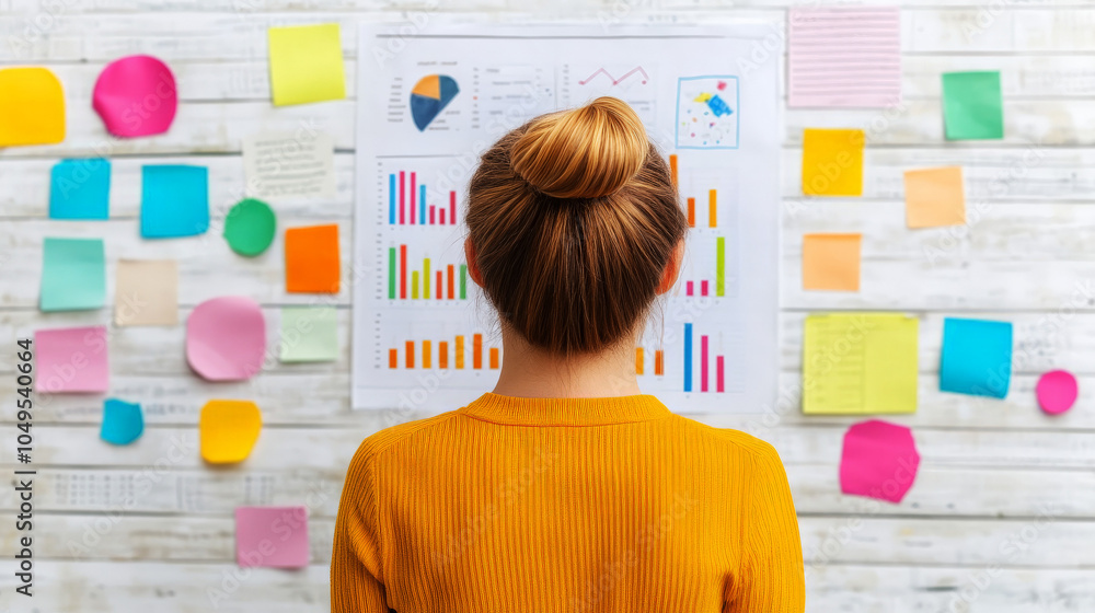 Poster strategist in action: a young woman, engrossed in analyzing data and charts, stands before a wall ad