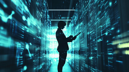A professional analyzing data in a server room illuminated by glowing digital displays